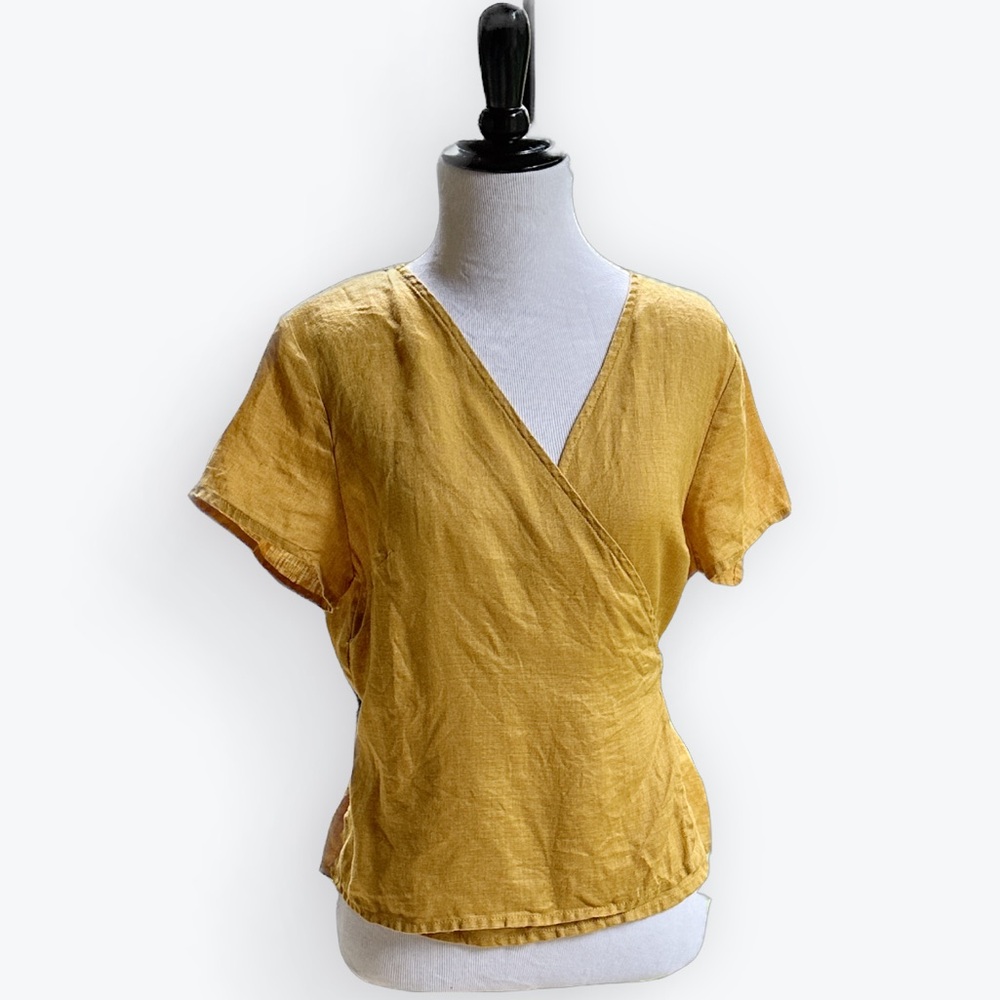 Breezy Kimono-Inspired Boho-Chic Euro Summer Linen Peplum Mustard Wrap Top ~ M
